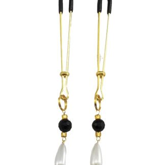 Bijoux de Nip Tweezer Nipple Clamp w/Black & Gold Beads w/Pearl - Gold